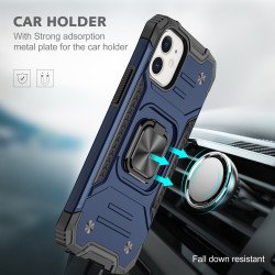 Cube Style Armor Case with Rotating Ring Holder, Kickstand and Magnetic Car Mount Plate for iPhone 12 Pro Max 6.7 (Navy Blue)